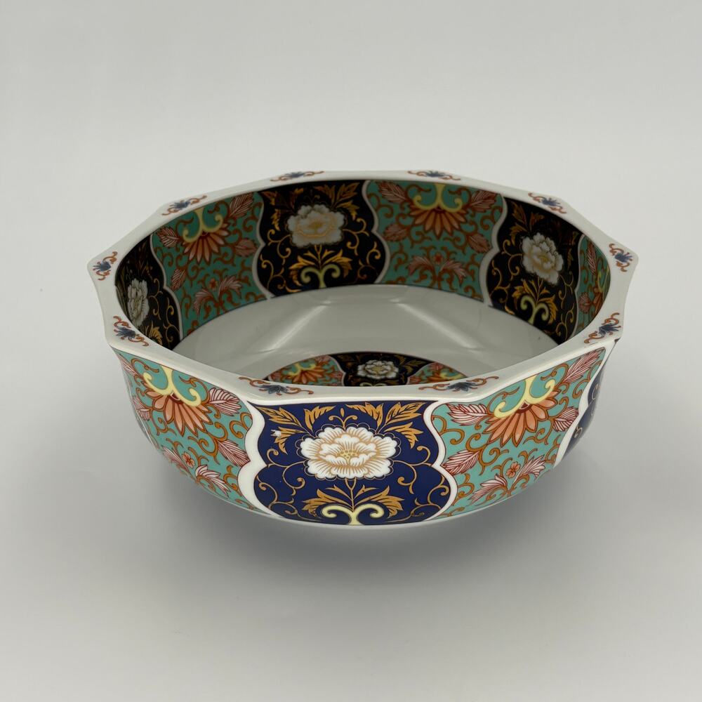 Vintage Japanese Arita Imari Style Peony Faceted Porcelain Decagonal Bowl 9.5"